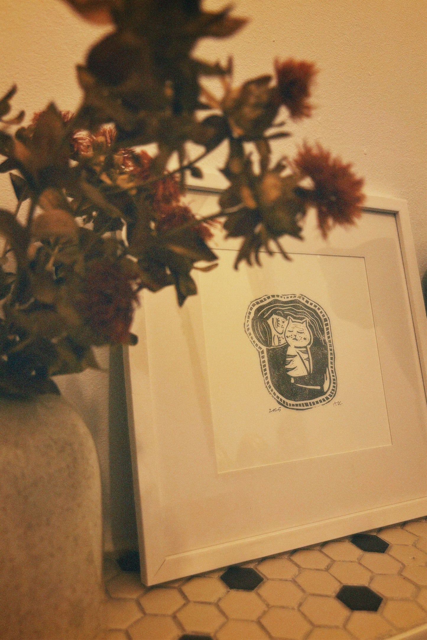 Lino art print - Boy with dog