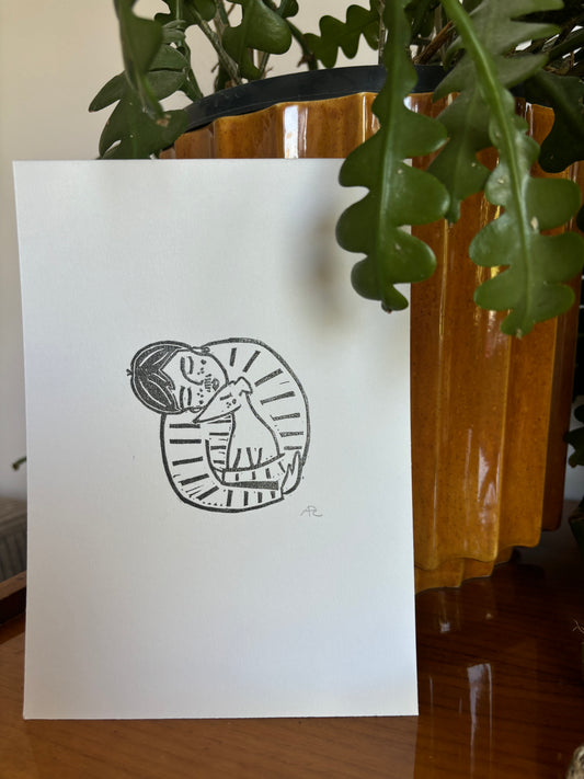 Lino art print - Boy with dog