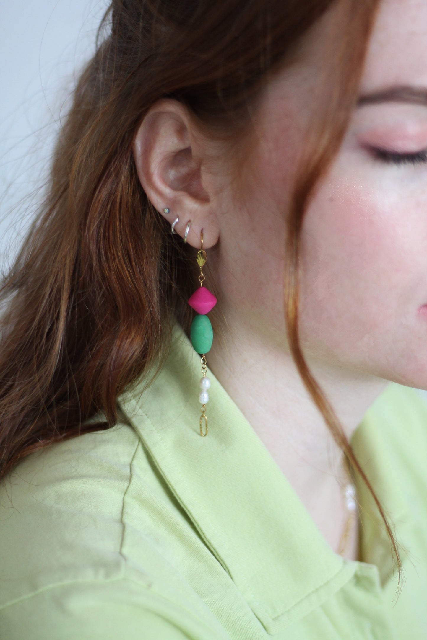 Freshwater pearl ELODIE earrings - Pink and Jade green