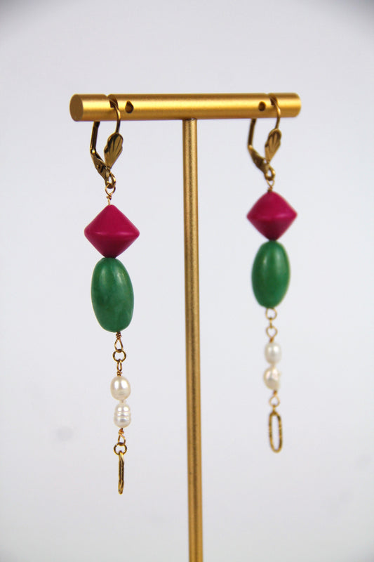 Freshwater pearl ELODIE earrings - Pink and Jade green