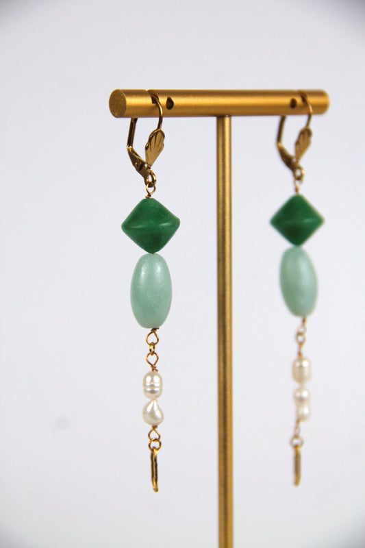 Freshwater pearl ELODIE earrings - Jade green and Pearly light blue