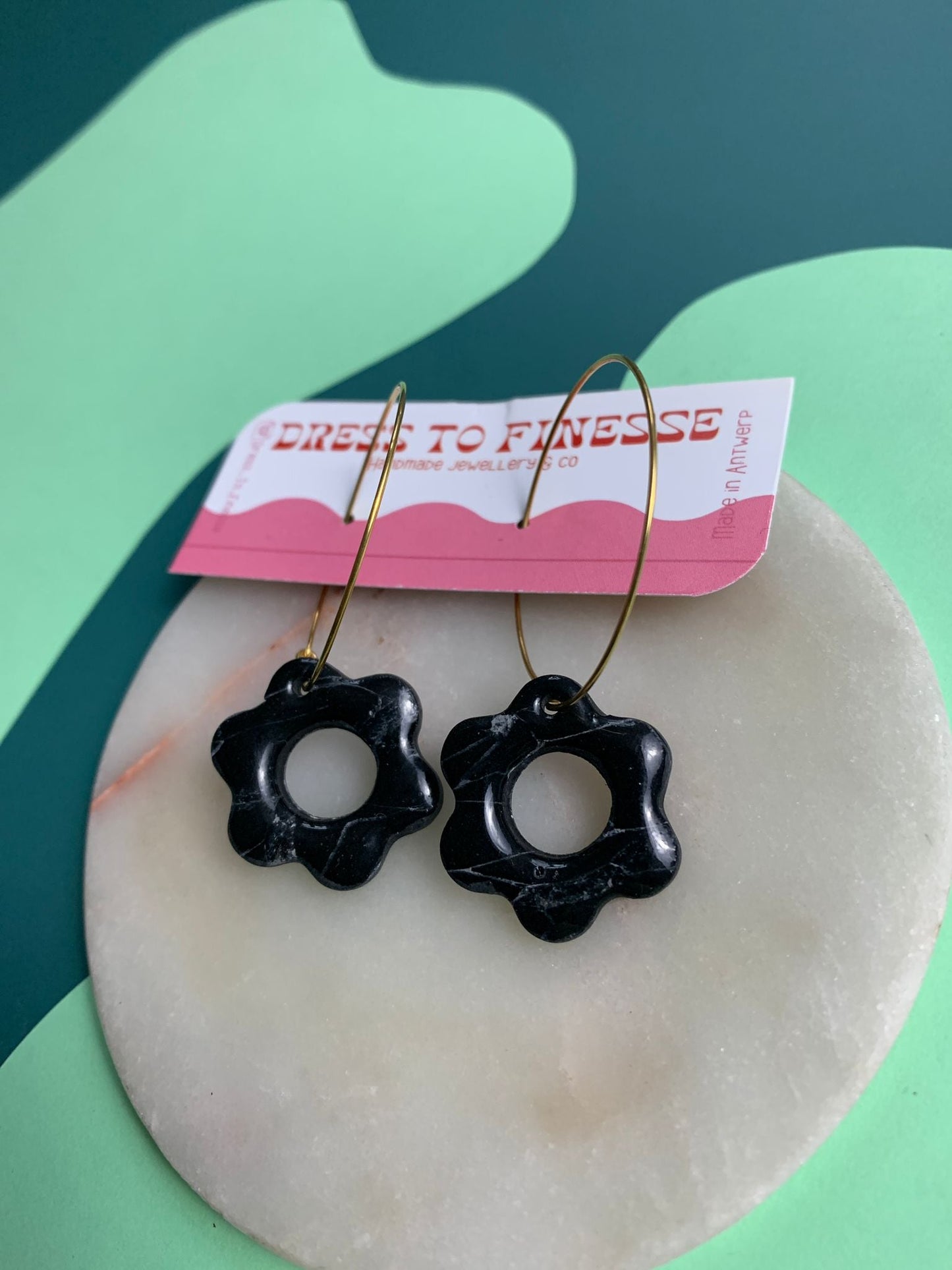 LOUISE flower earrings (charms) - Marbled black